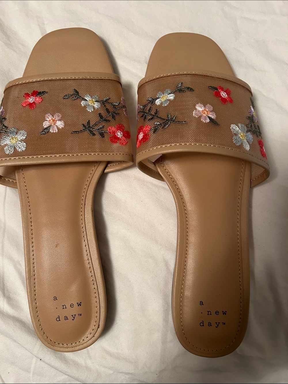 a new day Tan Slide Sandals with Multicolor Floral Embroidery